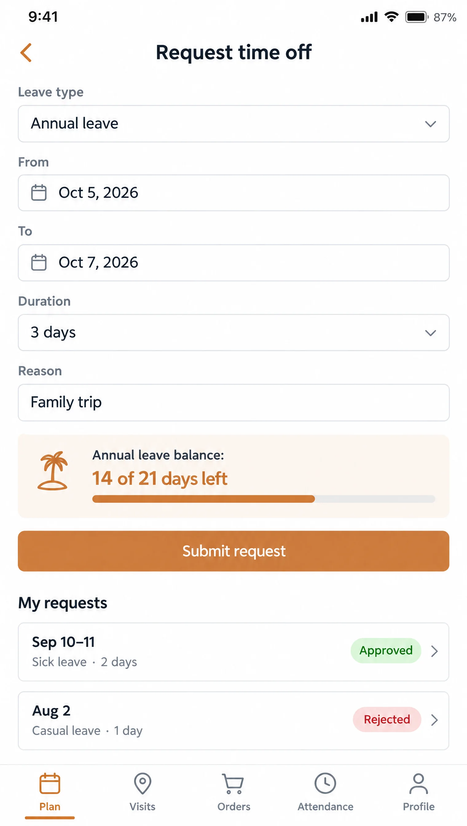 Hook Track app — time-off request