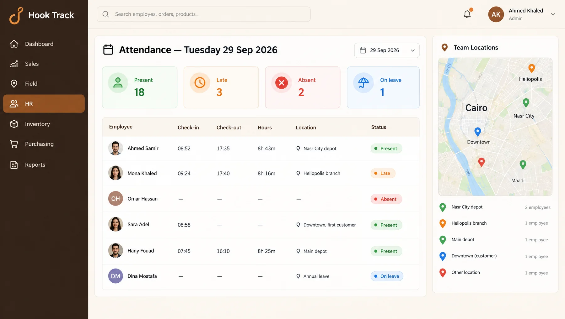 Hook Track ERP — Attendance dashboard