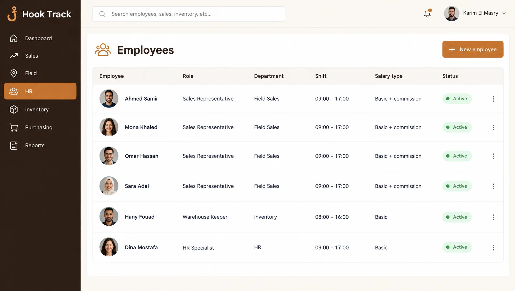 Hook Track ERP — Employees screen