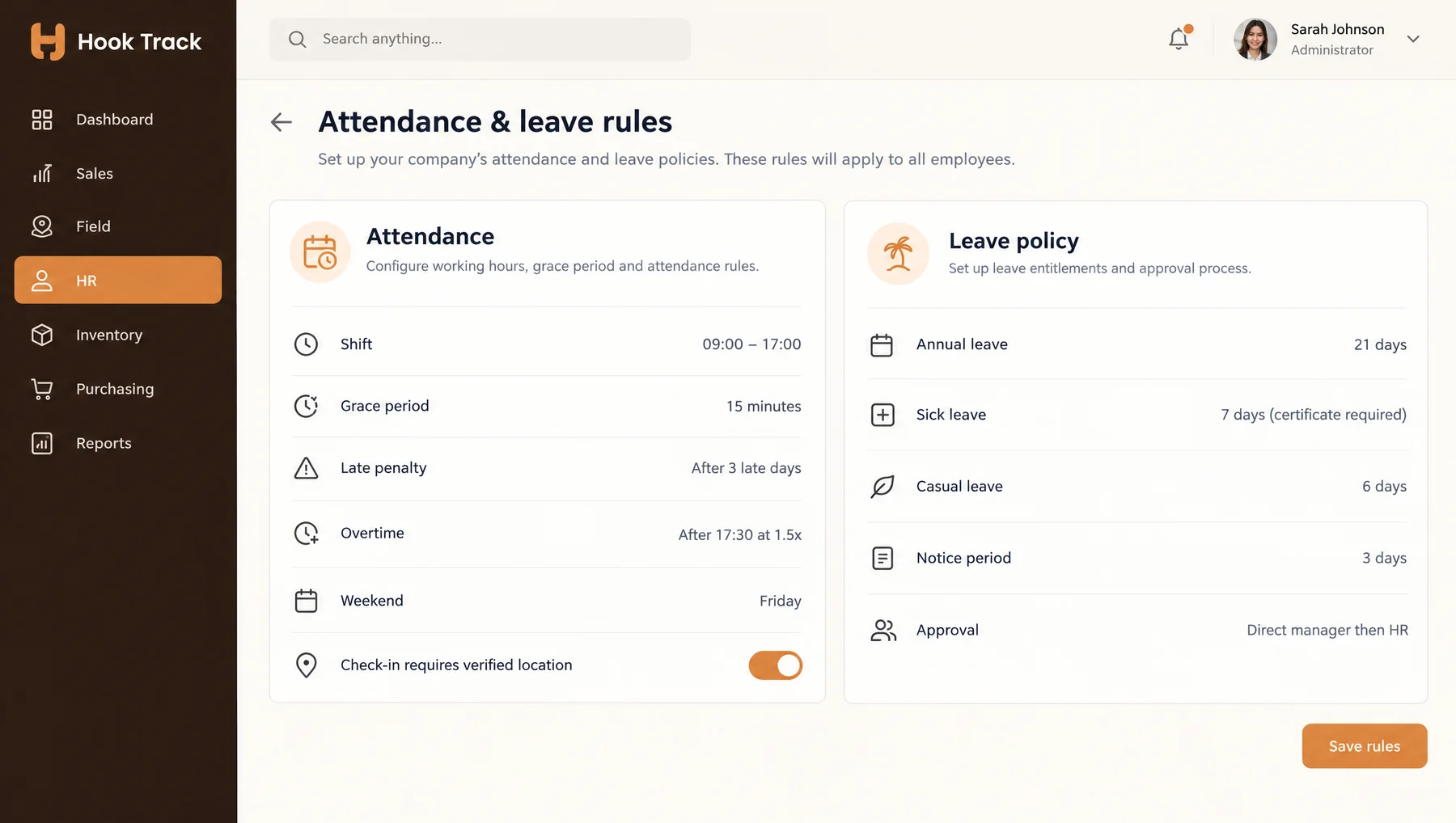 Hook Track ERP — Attendance and leave rules