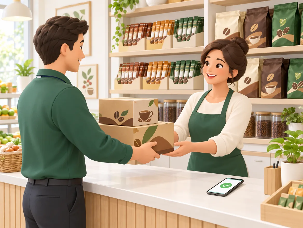 Rep handing coffee cartons to a shop owner