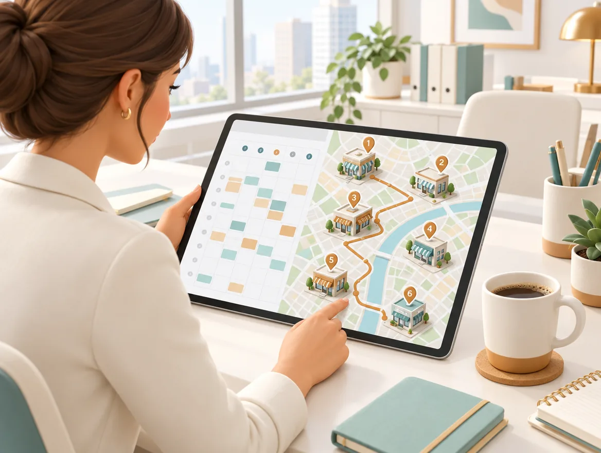 Manager planning routes on a tablet